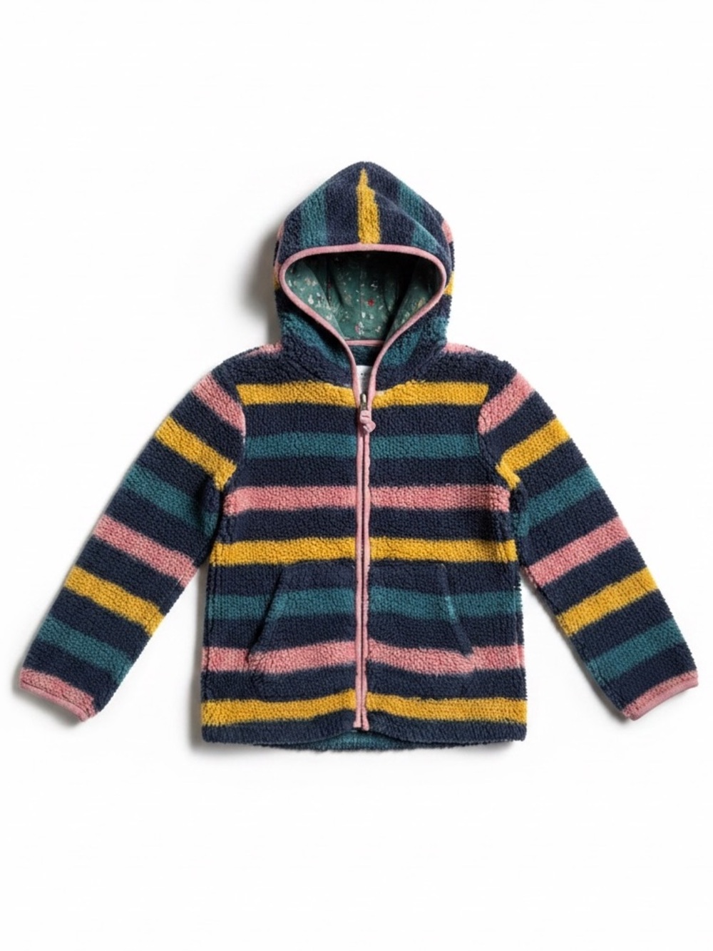 FatFace Sherpa Hooded Fleece Jacket Cozy Outdoor Navy Pink Stripes Kids 6/7
